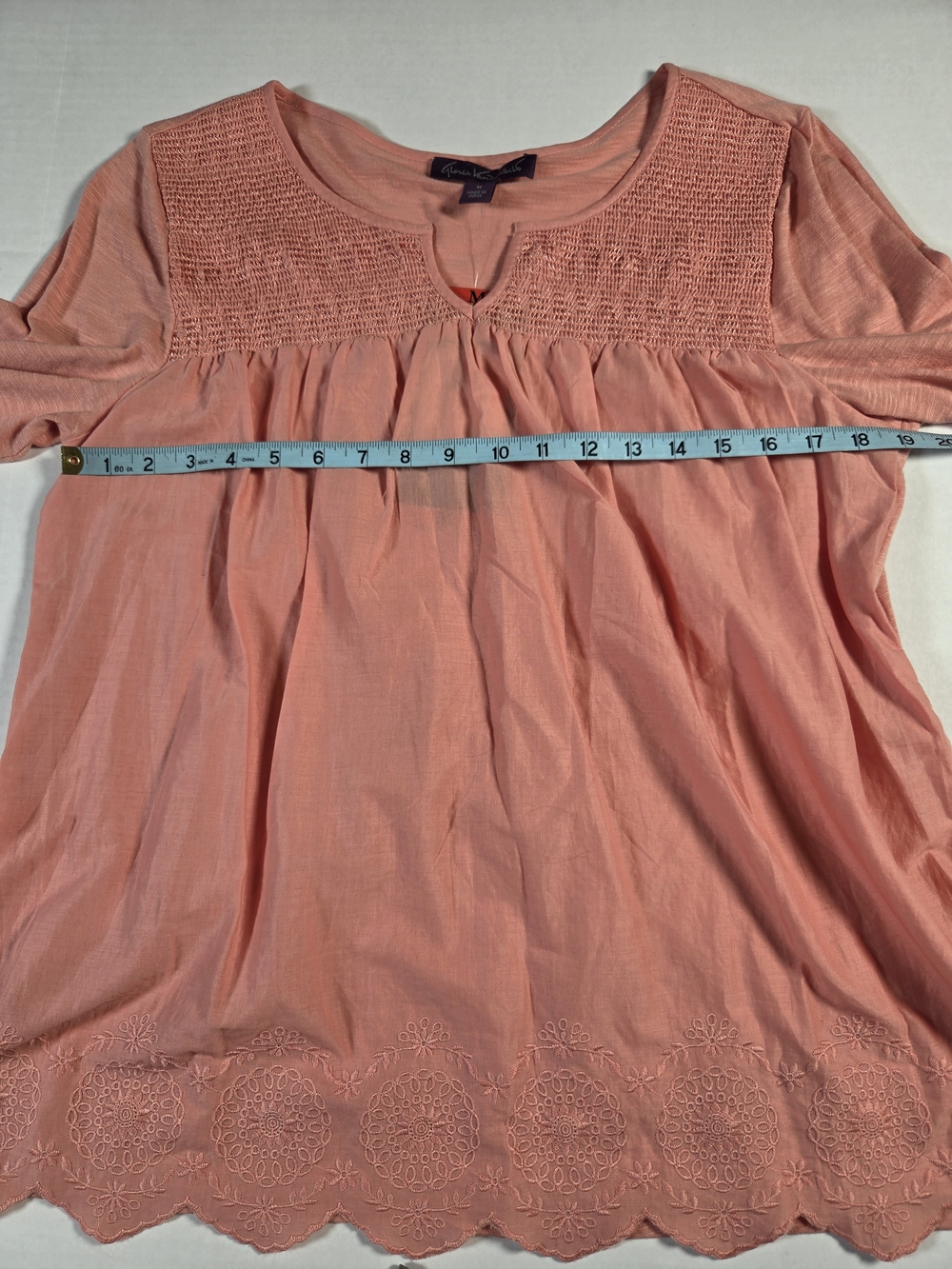 Gloria Vanderbilt Womens M Coral Peasant Tunic Top Embroidered Roll Tab Sleeve - Picture 8 of 11